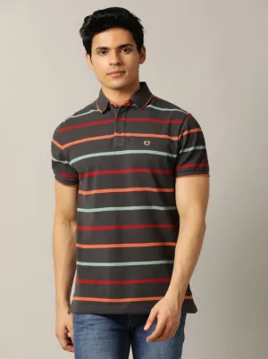 Dark Grey Striped Slim Fit Polo T-Shirt | JadeBlue