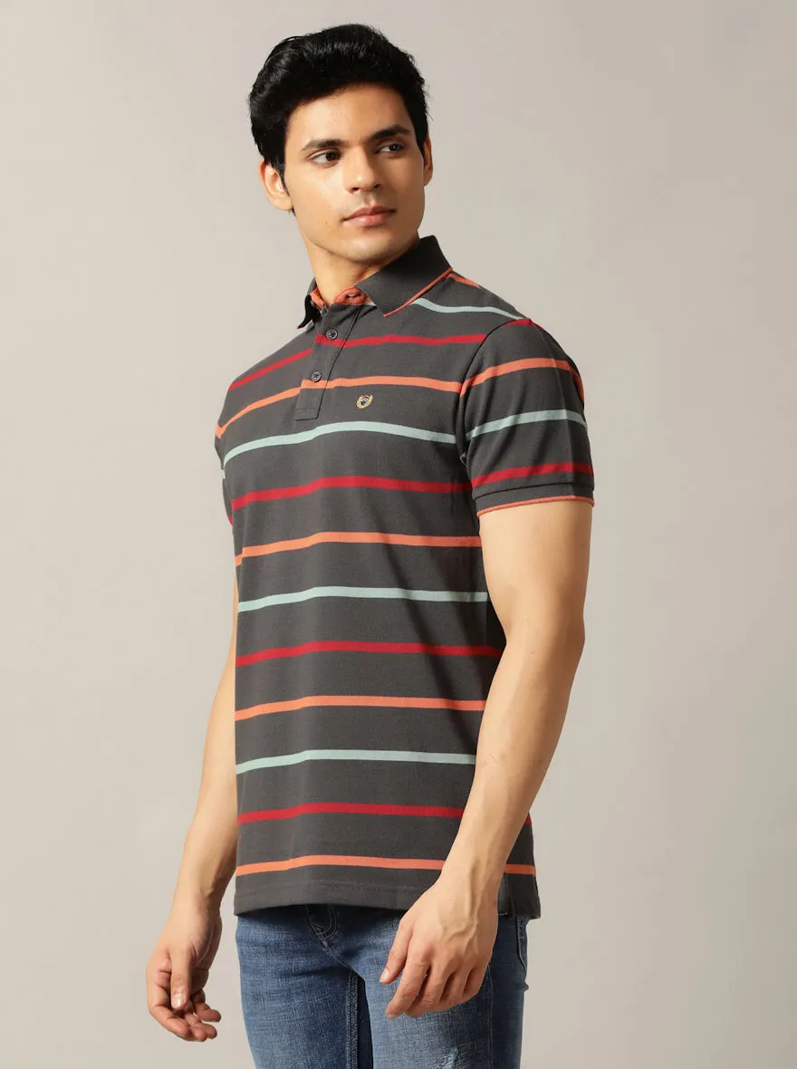 Dark Grey Striped Slim Fit Polo T-Shirt | JadeBlue