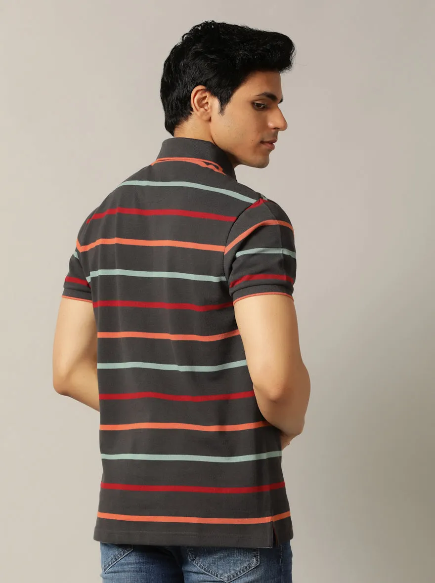 Dark Grey Striped Slim Fit Polo T-Shirt | JadeBlue