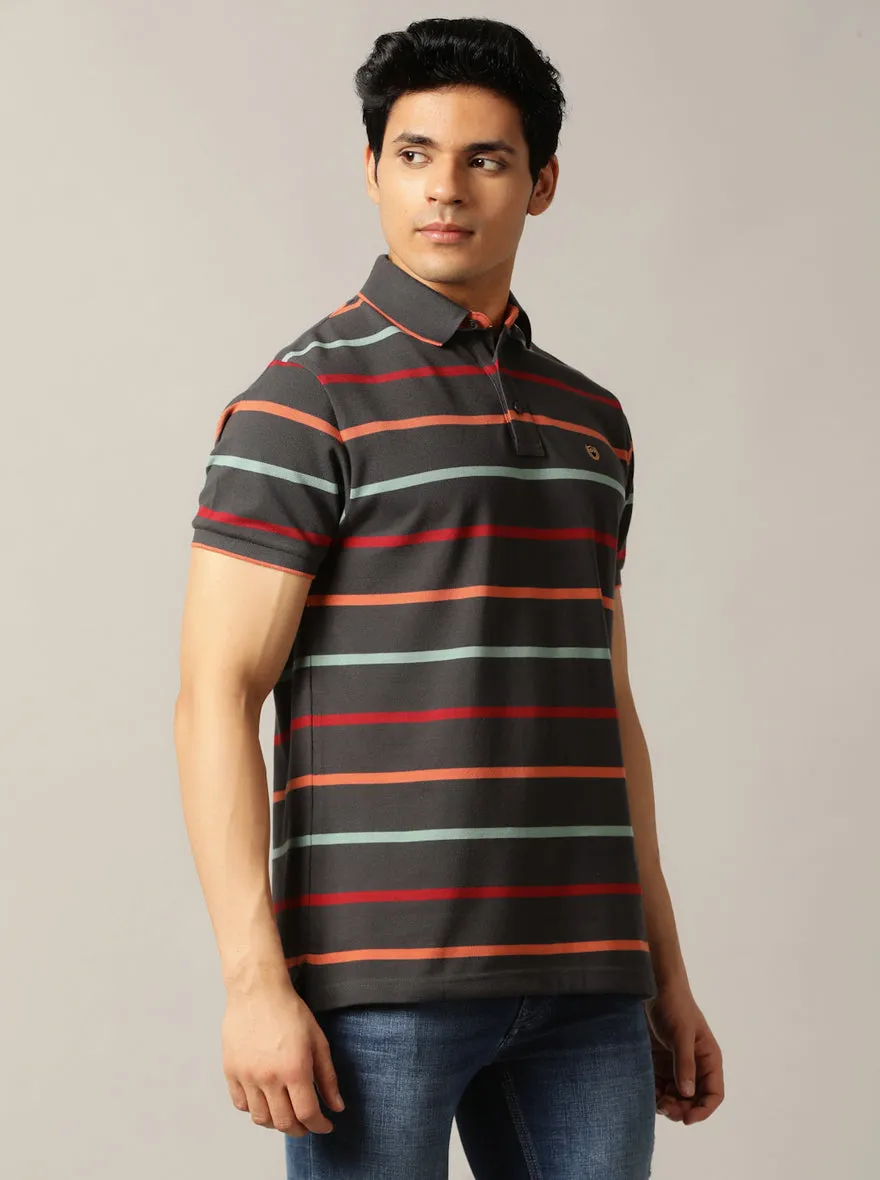 Dark Grey Striped Slim Fit Polo T-Shirt | JadeBlue