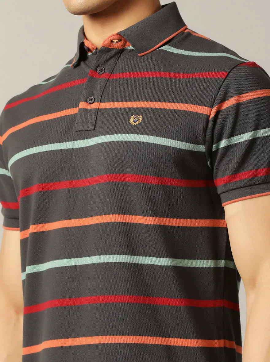 Dark Grey Striped Slim Fit Polo T-Shirt | JadeBlue