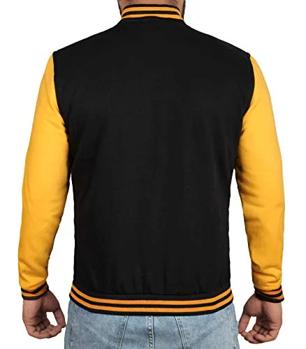 Decrum Black and Yellow Varsity Jackets for Men [40020013] | Plain Yellow Sleve, M