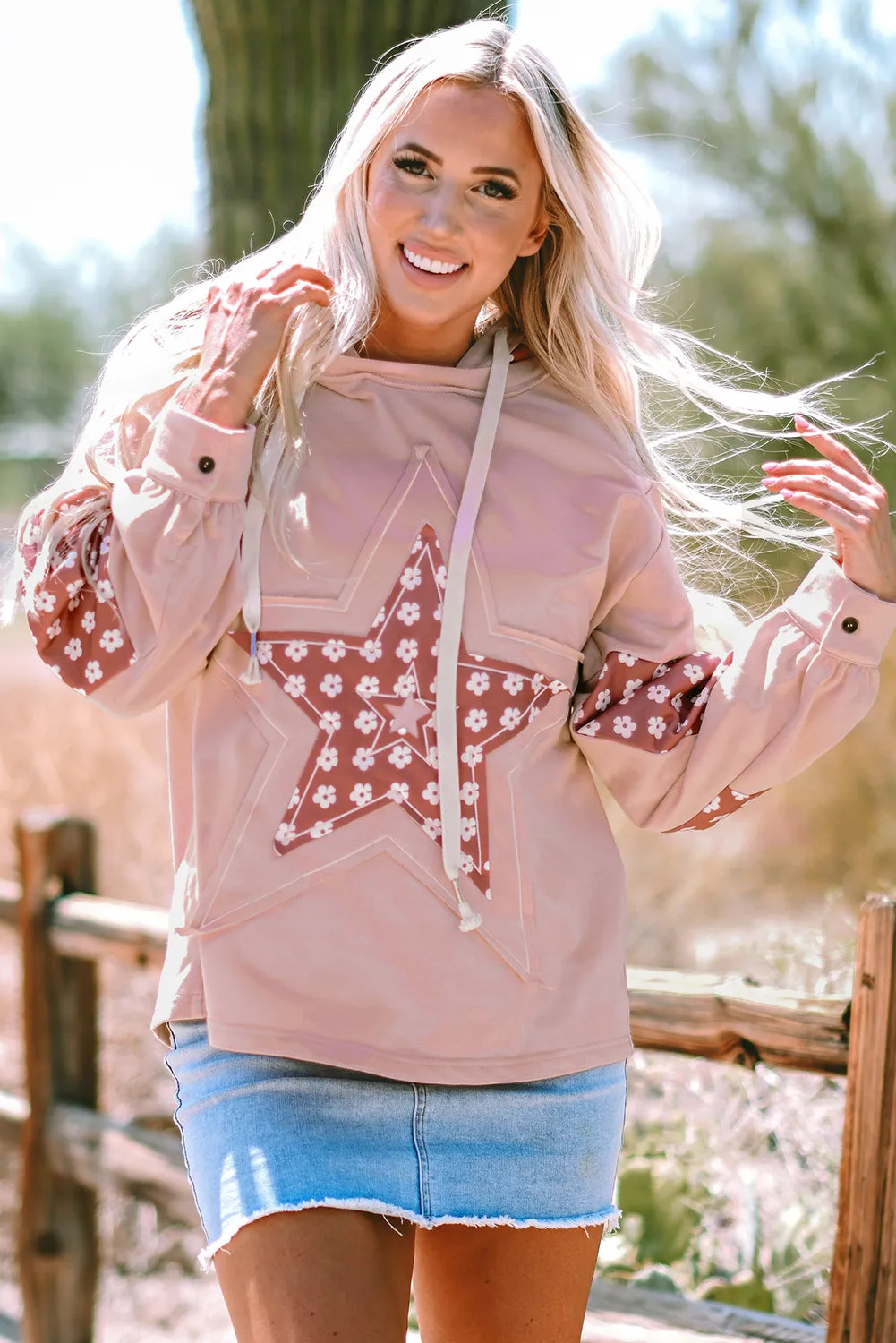 Delicacy Star Patch Graphic Floral Color Block Drawstring Plus Size Hoodie