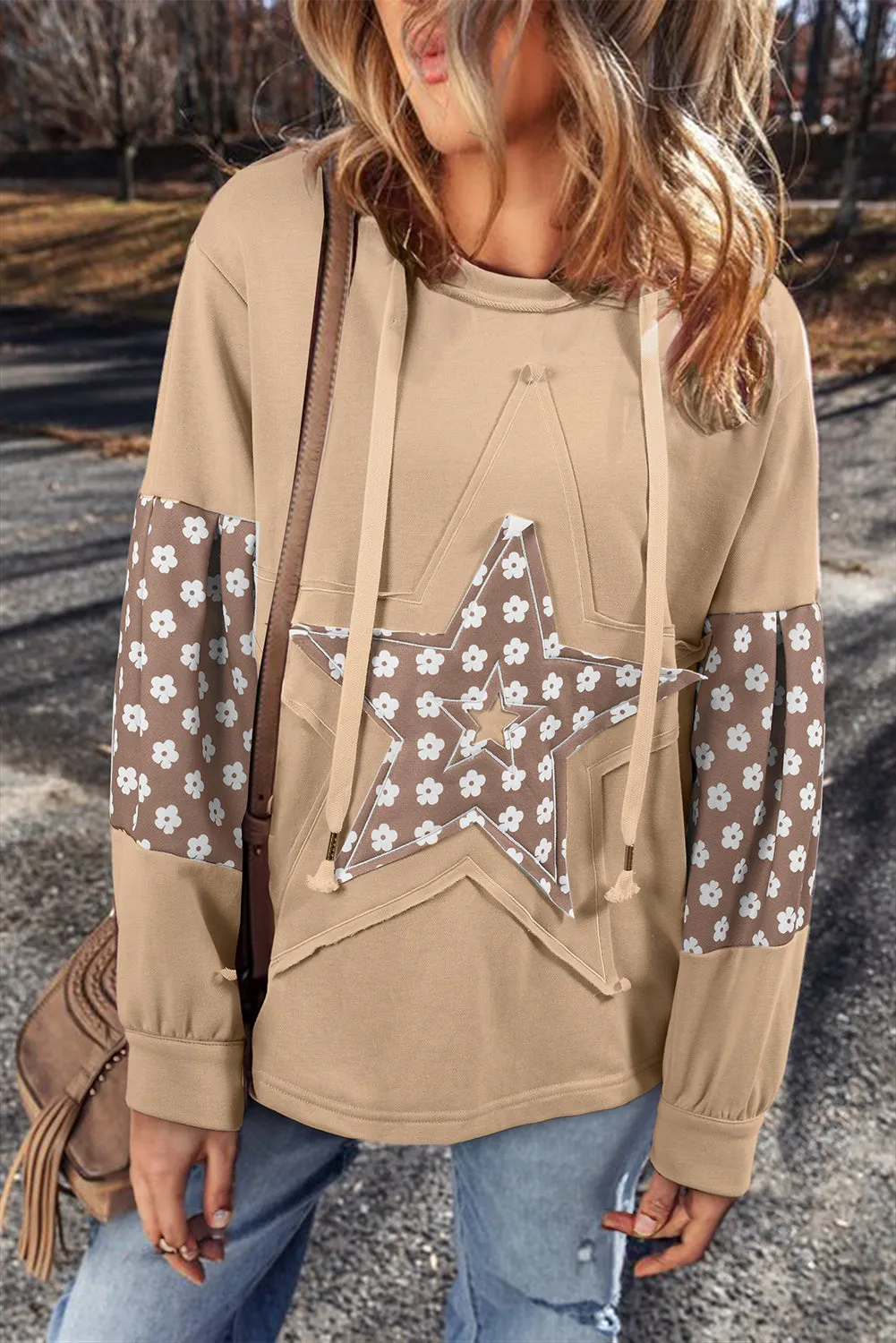 Delicacy Star Patch Graphic Floral Color Block Drawstring Plus Size Hoodie