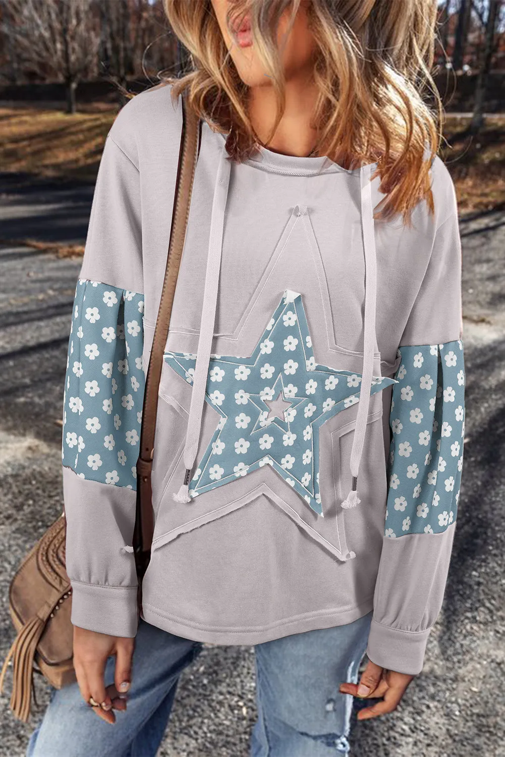 Delicacy Star Patch Graphic Floral Color Block Drawstring Plus Size Hoodie