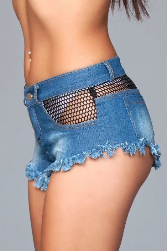 Denim Shorts With Fishnet Top Trimming and Fringe  Bottom Details - Medium