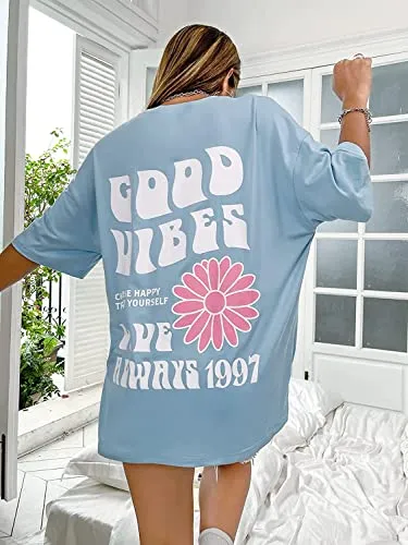 DENIMHOLIC Cotton Half Sleeve Printed Oversized t Shirts for Women, Loose t Shirts for Women, Baggy t Shirt for Women, Graphic Tshirt for Women Oversize, (Medium, Light Blue)