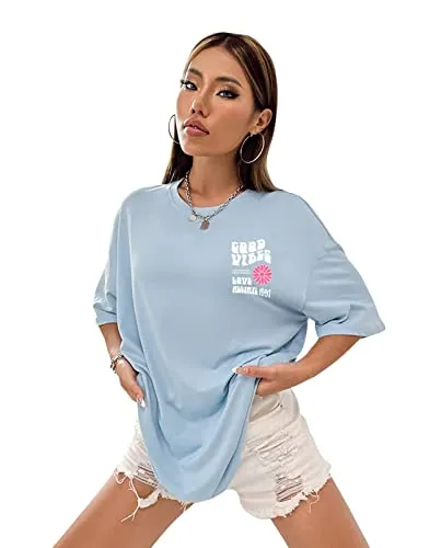 DENIMHOLIC Cotton Half Sleeve Printed Oversized t Shirts for Women, Loose t Shirts for Women, Baggy t Shirt for Women, Graphic Tshirt for Women Oversize, (Medium, Light Blue)