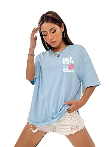 DENIMHOLIC Cotton Half Sleeve Printed Oversized t Shirts for Women, Loose t Shirts for Women, Baggy t Shirt for Women, Graphic Tshirt for Women Oversize, (Medium, Light Blue)