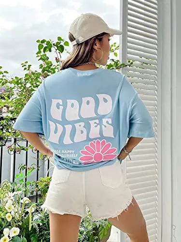 DENIMHOLIC Cotton Half Sleeve Printed Oversized t Shirts for Women, Loose t Shirts for Women, Baggy t Shirt for Women, Graphic Tshirt for Women Oversize, (Medium, Light Blue)