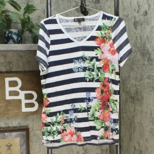 DG2 by Diane Gilman Burnout Printed And Embellished Top Navy Stripe Small