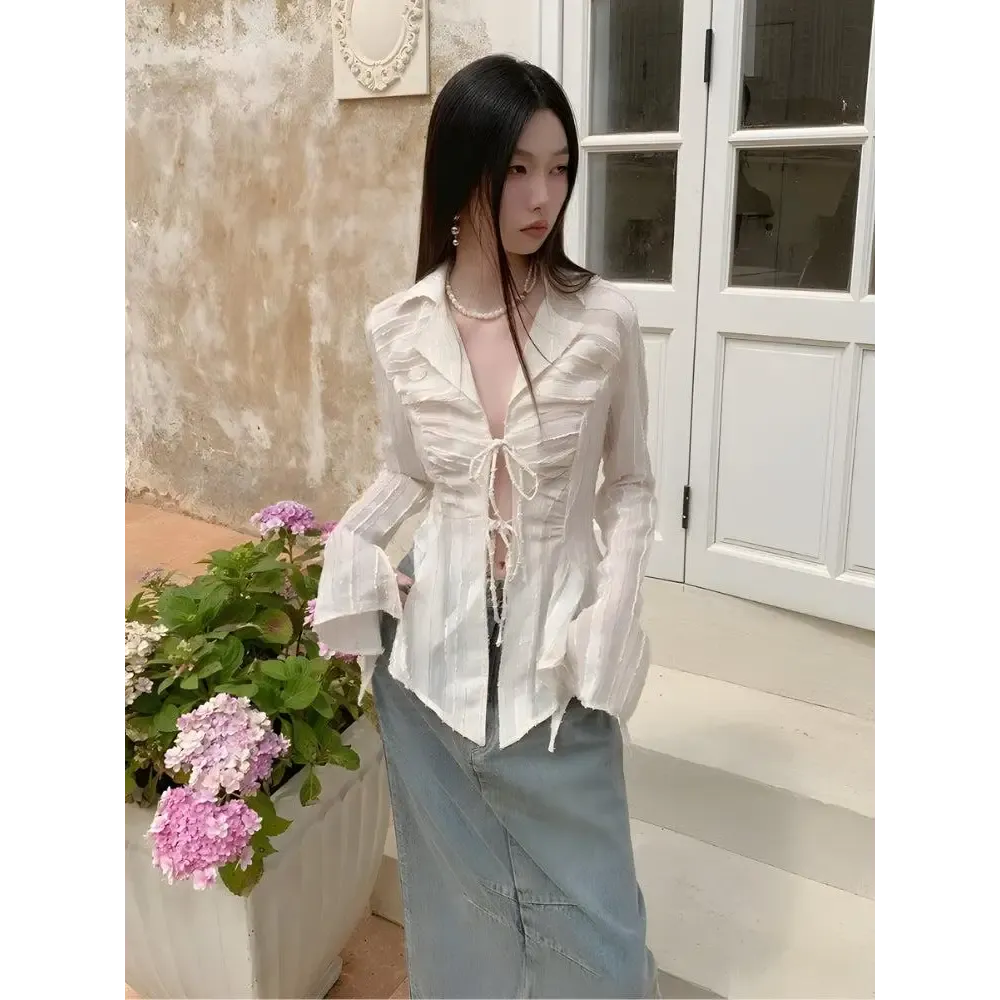 Elegant Sheer Shirt with Lace-Up Front in Y2K Style