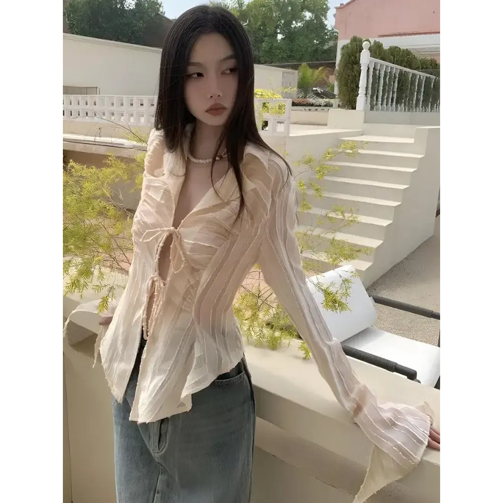 Elegant Sheer Shirt with Lace-Up Front in Y2K Style