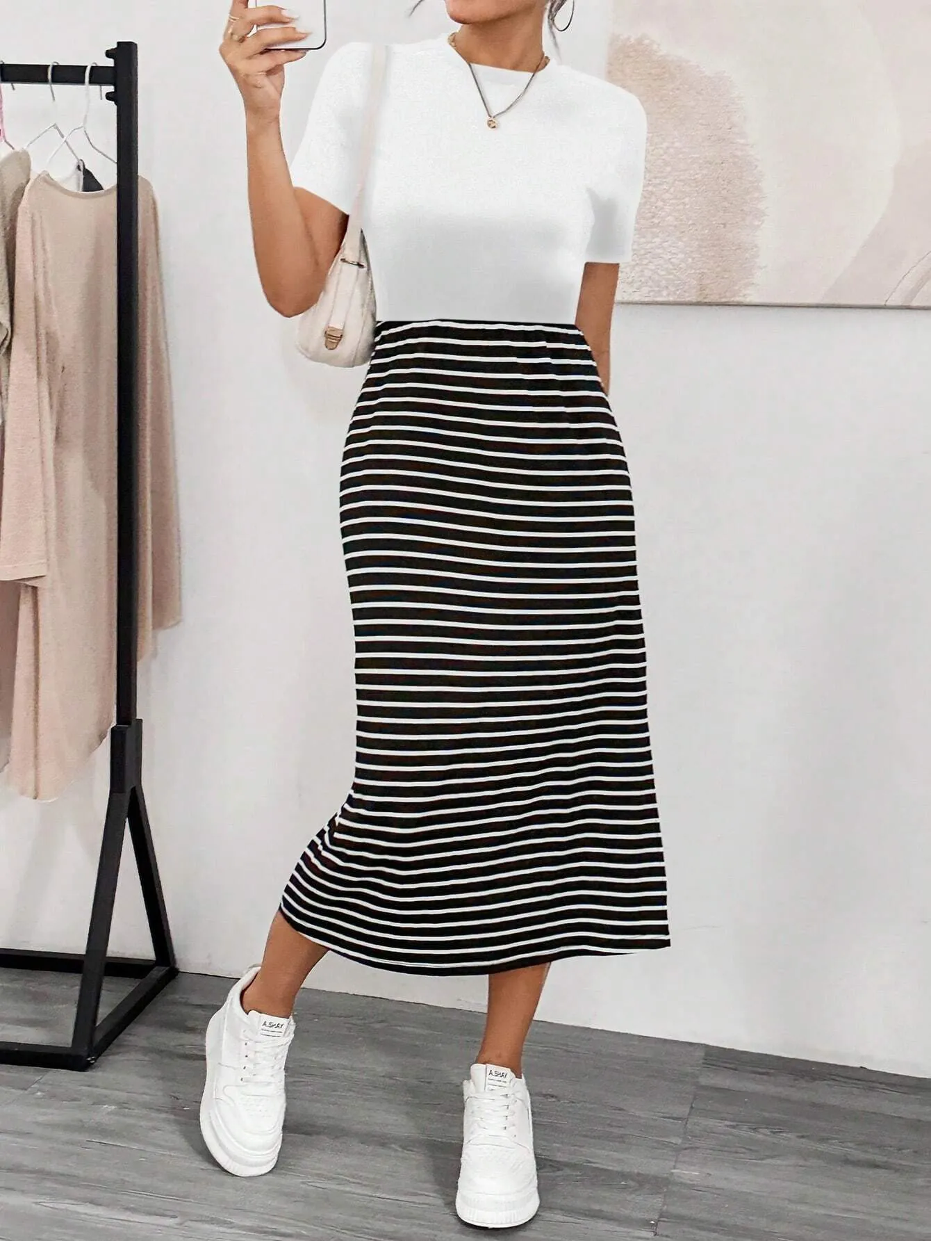Essnce Women's Summer Casual Dress  Color Block Striped Slim Fit Dress With Side Slits Midi Women Dresses Basic T Shirt Dress Summer Women Outfit Striped Dress