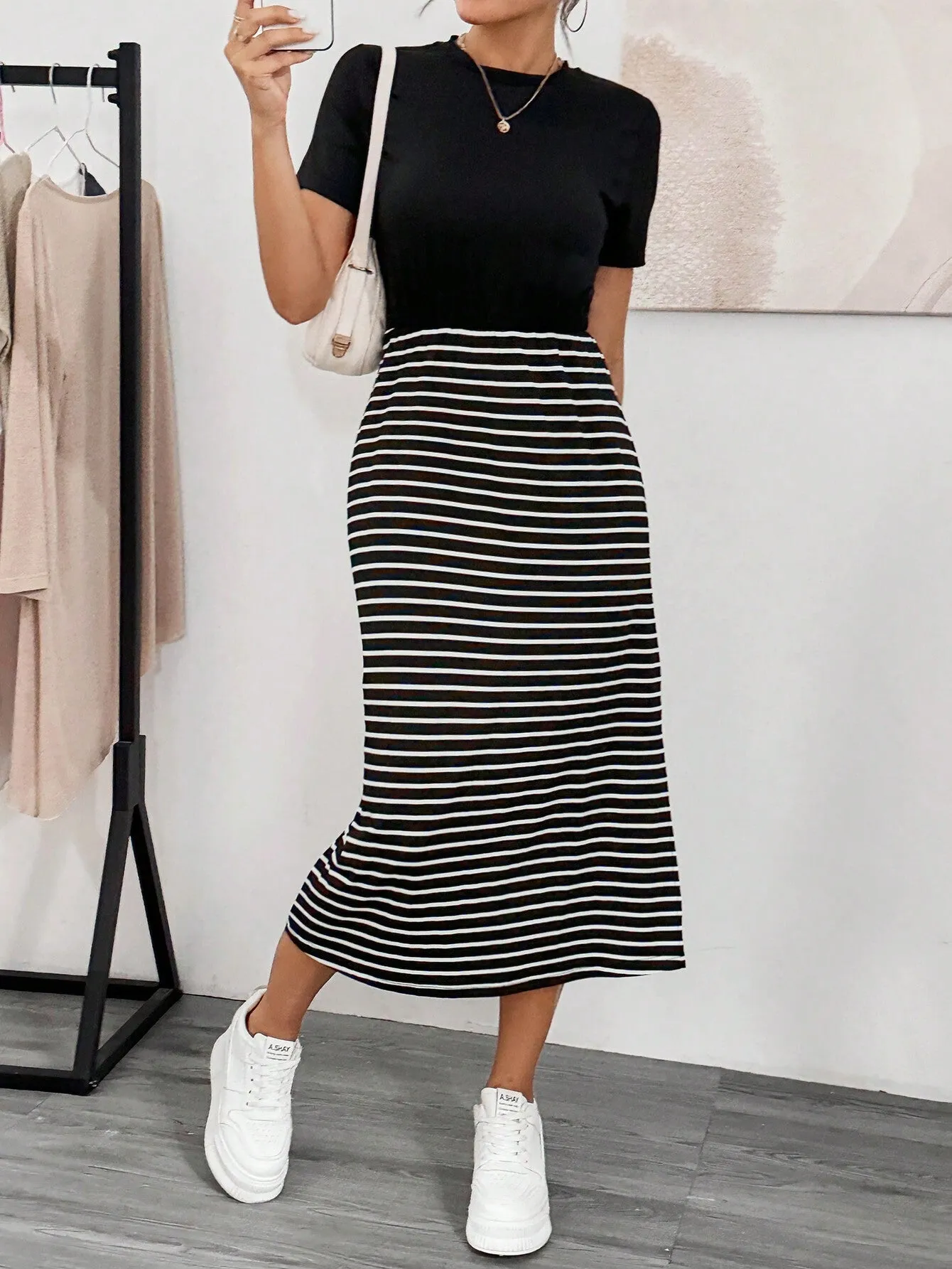 Essnce Women's Summer Casual Dress  Color Block Striped Slim Fit Dress With Side Slits Midi Women Dresses Basic T Shirt Dress Summer Women Outfit Striped Dress