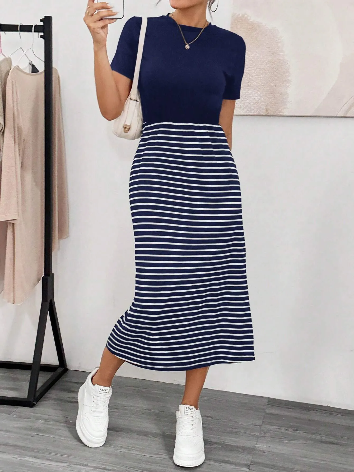 Essnce Women's Summer Casual Dress  Color Block Striped Slim Fit Dress With Side Slits Midi Women Dresses Basic T Shirt Dress Summer Women Outfit Striped Dress