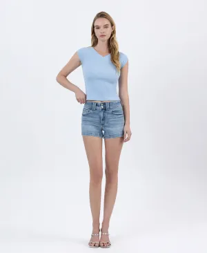 Everything Is Awesome High Rise Finished Hem Denim Shorts