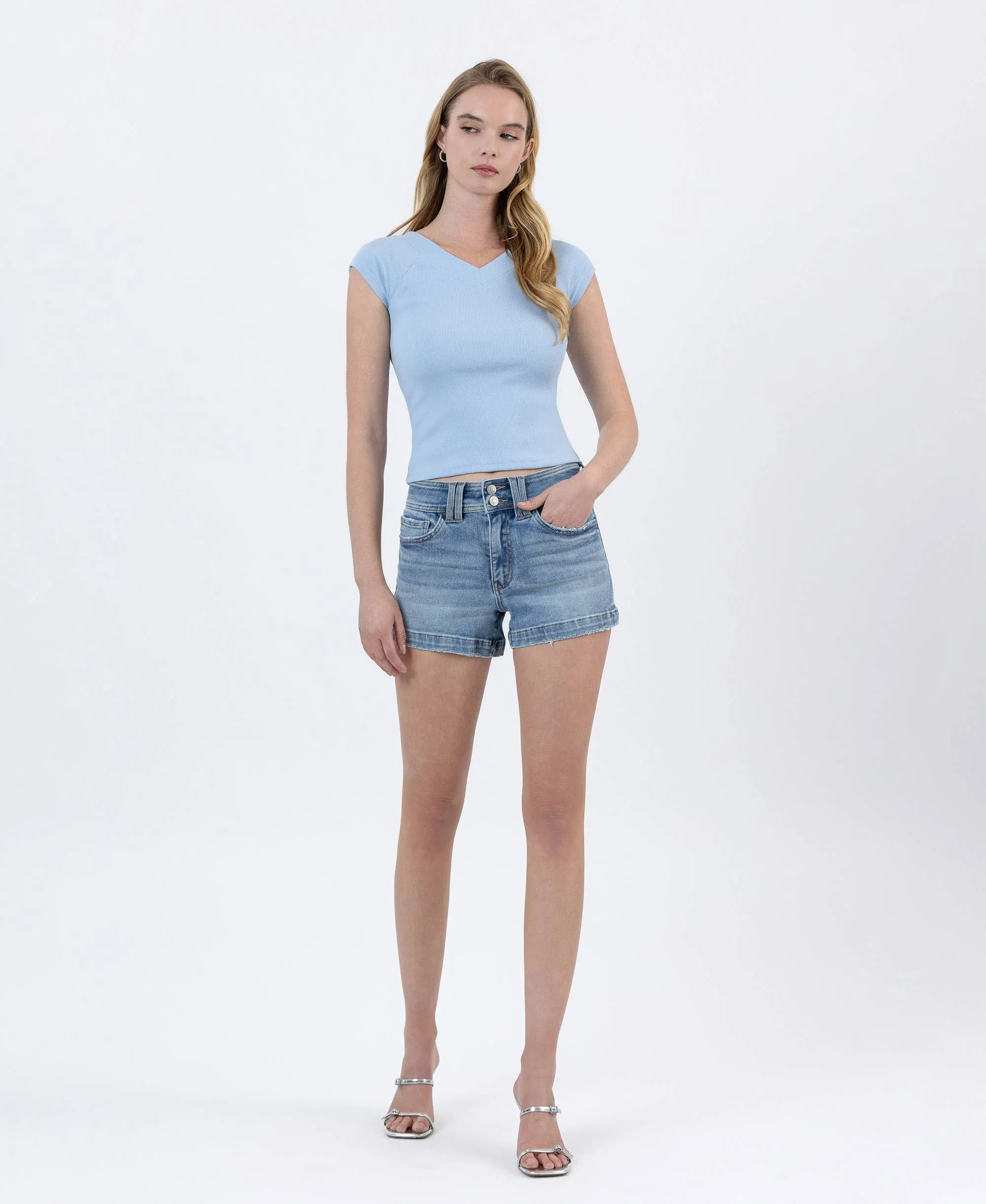Everything Is Awesome High Rise Finished Hem Denim Shorts