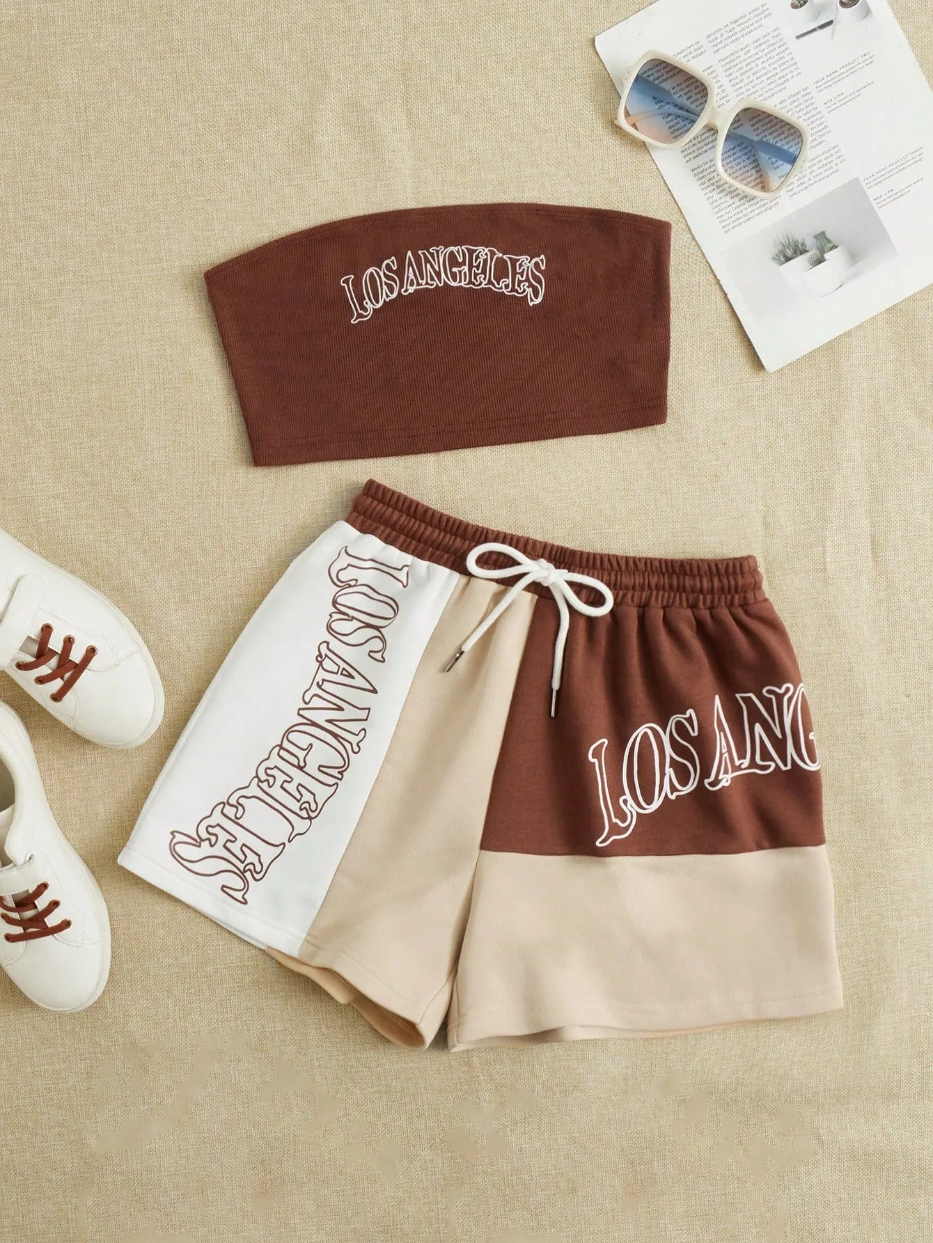 EZwear Letter Graphic Tube Top & Colorblock Drawstring Waist Shorts