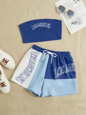 EZwear Letter Graphic Tube Top & Colorblock Drawstring Waist Shorts