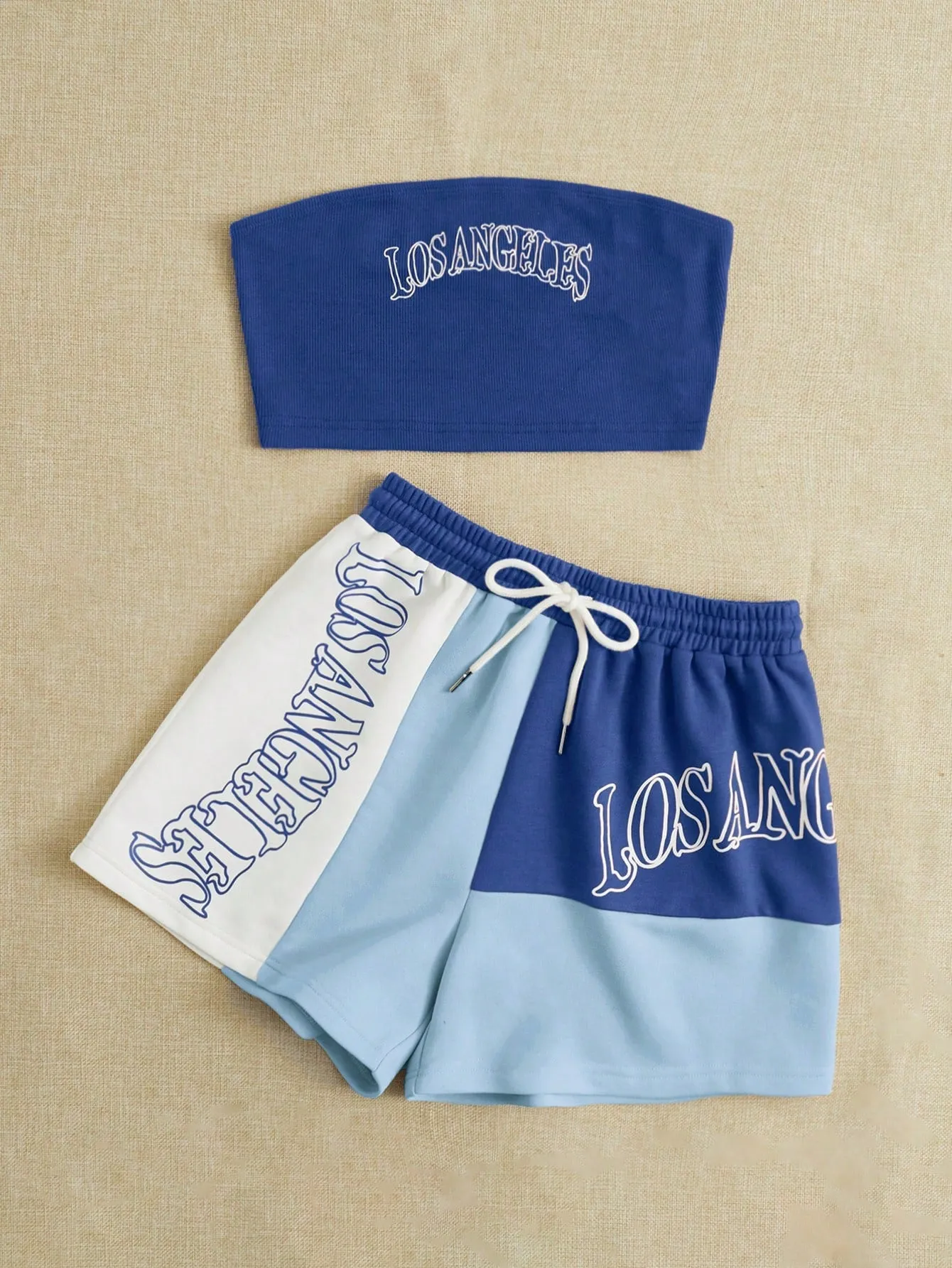 EZwear Letter Graphic Tube Top & Colorblock Drawstring Waist Shorts