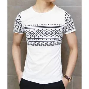 Fashion Round Neck Slimming Ethnic Geometric Print Short Sleeve Cotton Blend T-Shirt For Men - White L