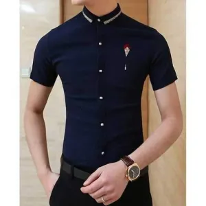 Fashion Shirt Collar Slimming Color Block Ethnic Hemming Short Sleeve Nylon Shirt For Men - Deep Blue 2xl