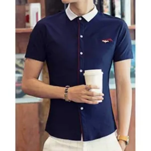 Fashion Slimming Turn-down Collar Color Block Metal Embellished Short Sleeves Men's Shirt - Cadetblue 2xl