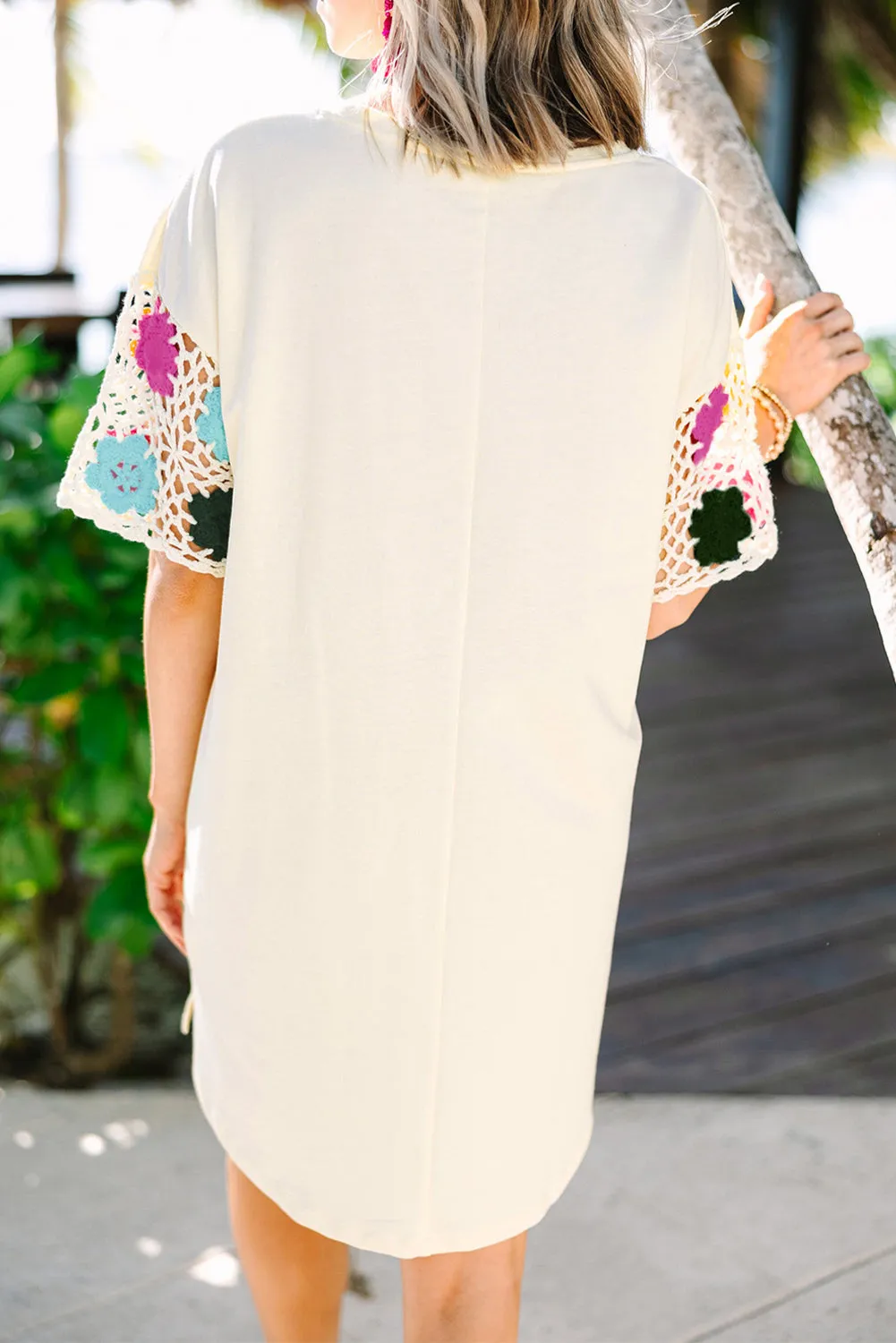 Floral Crochet Spliced Sleeve T-Shirt Dress