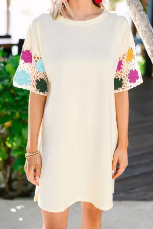 Floral Crochet Spliced Sleeve T-Shirt Dress