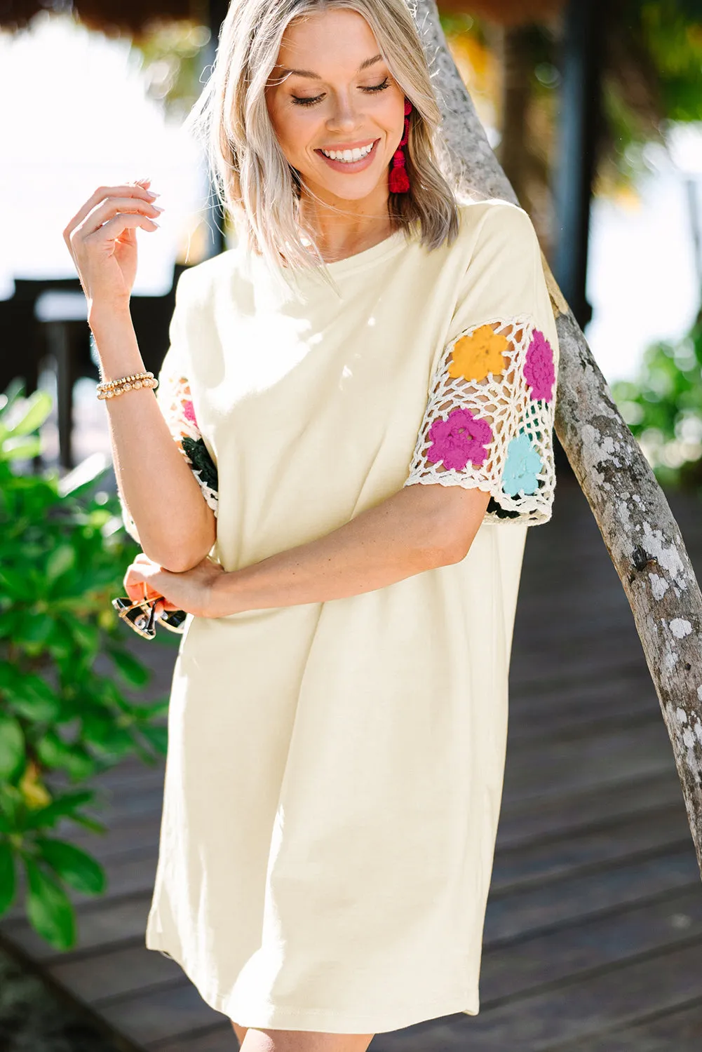 Floral Crochet Spliced Sleeve T-Shirt Dress