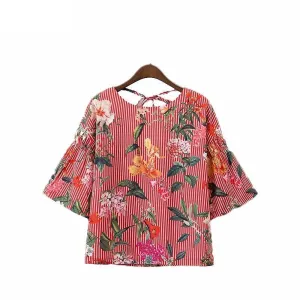 Floral Striped Shirts Backless Bow Tie Blouse