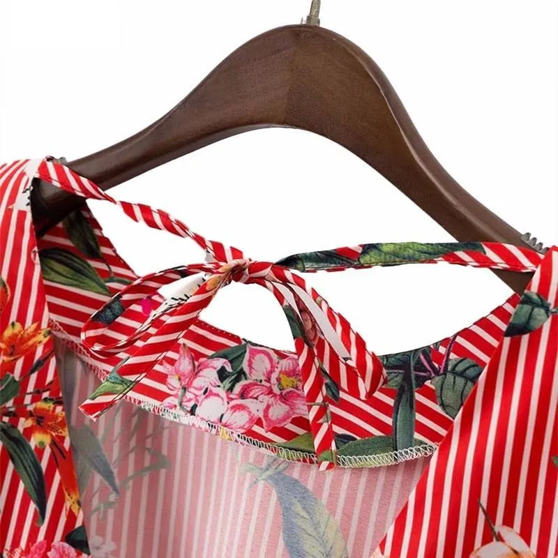 Floral Striped Shirts Backless Bow Tie Blouse