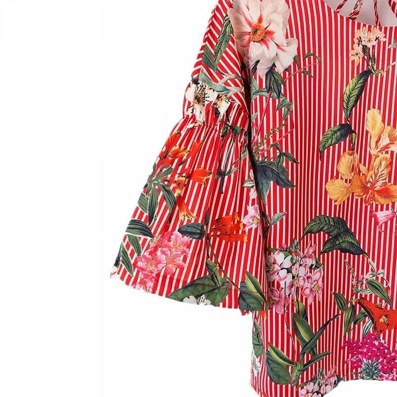 Floral Striped Shirts Backless Bow Tie Blouse