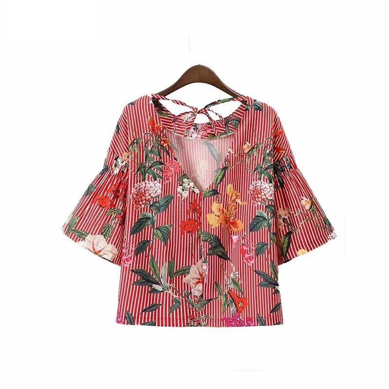 Floral Striped Shirts Backless Bow Tie Blouse