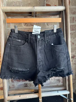 Frayed Hem Denim Shorts- Black