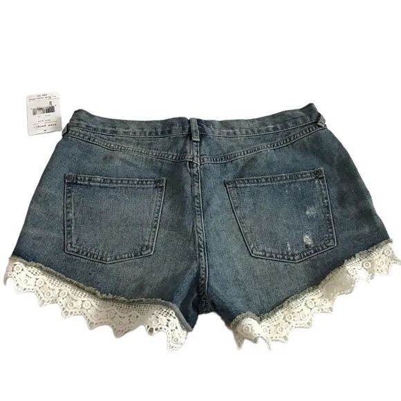 Free People Lacey Crochet Trimmed Denim Cutoff Shorts In True Blue New Size 29