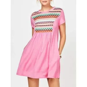 Geometric Print Mini Dress with Pocket - Pink M