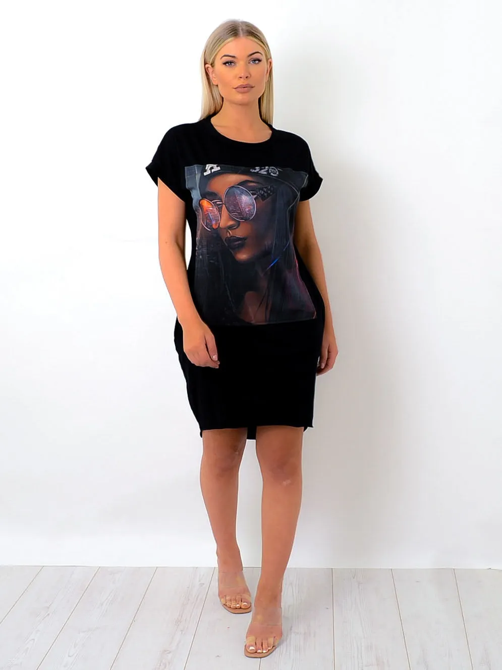 Girl With Glasses Applique T-Shirt Dress