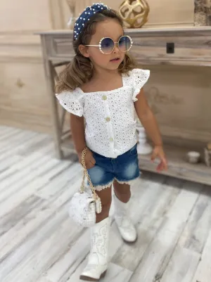 Girls Lace Flutter Sleeve Button Top and Denim Shorts Set