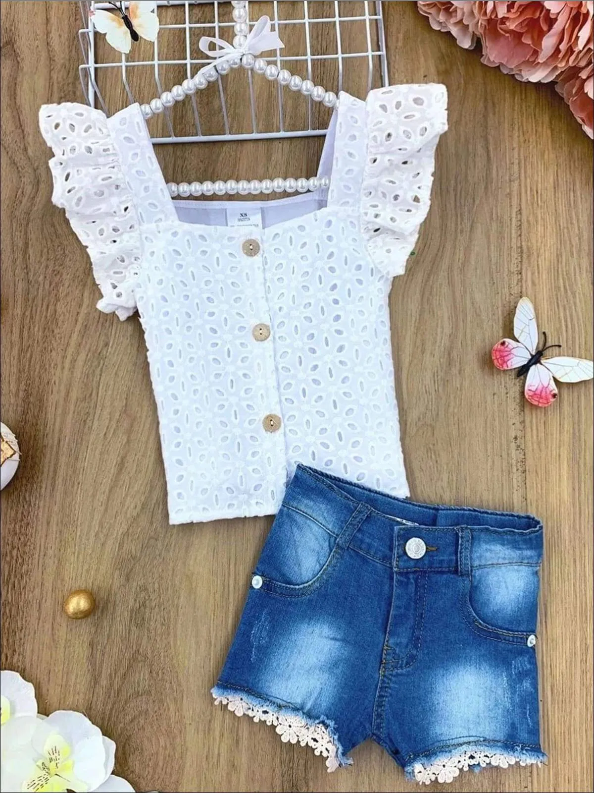 Girls Lace Flutter Sleeve Button Top and Denim Shorts Set