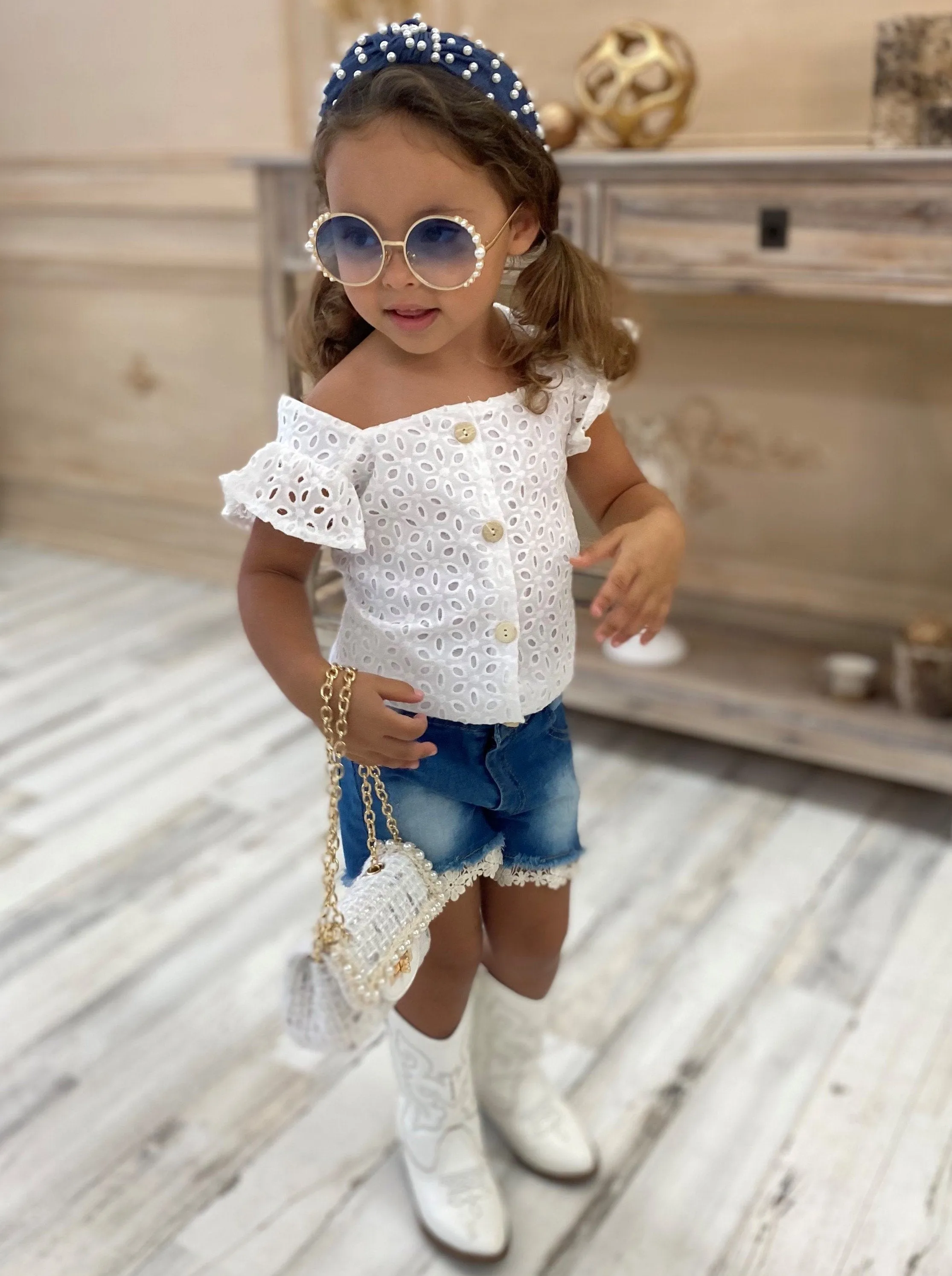 Girls Lace Flutter Sleeve Button Top and Denim Shorts Set