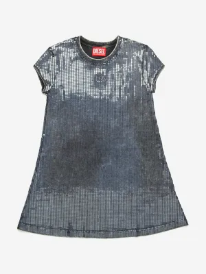 Girls Sequin Effect T-Shirt Dress in Black