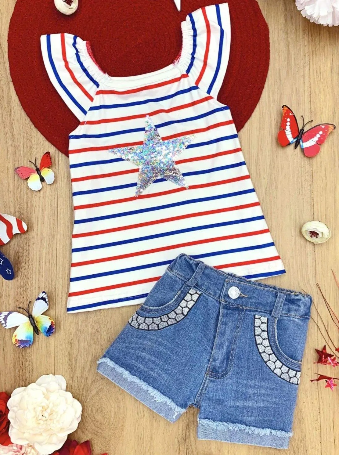 Girls She's A Star Top and Embroidered Denim Shorts Set