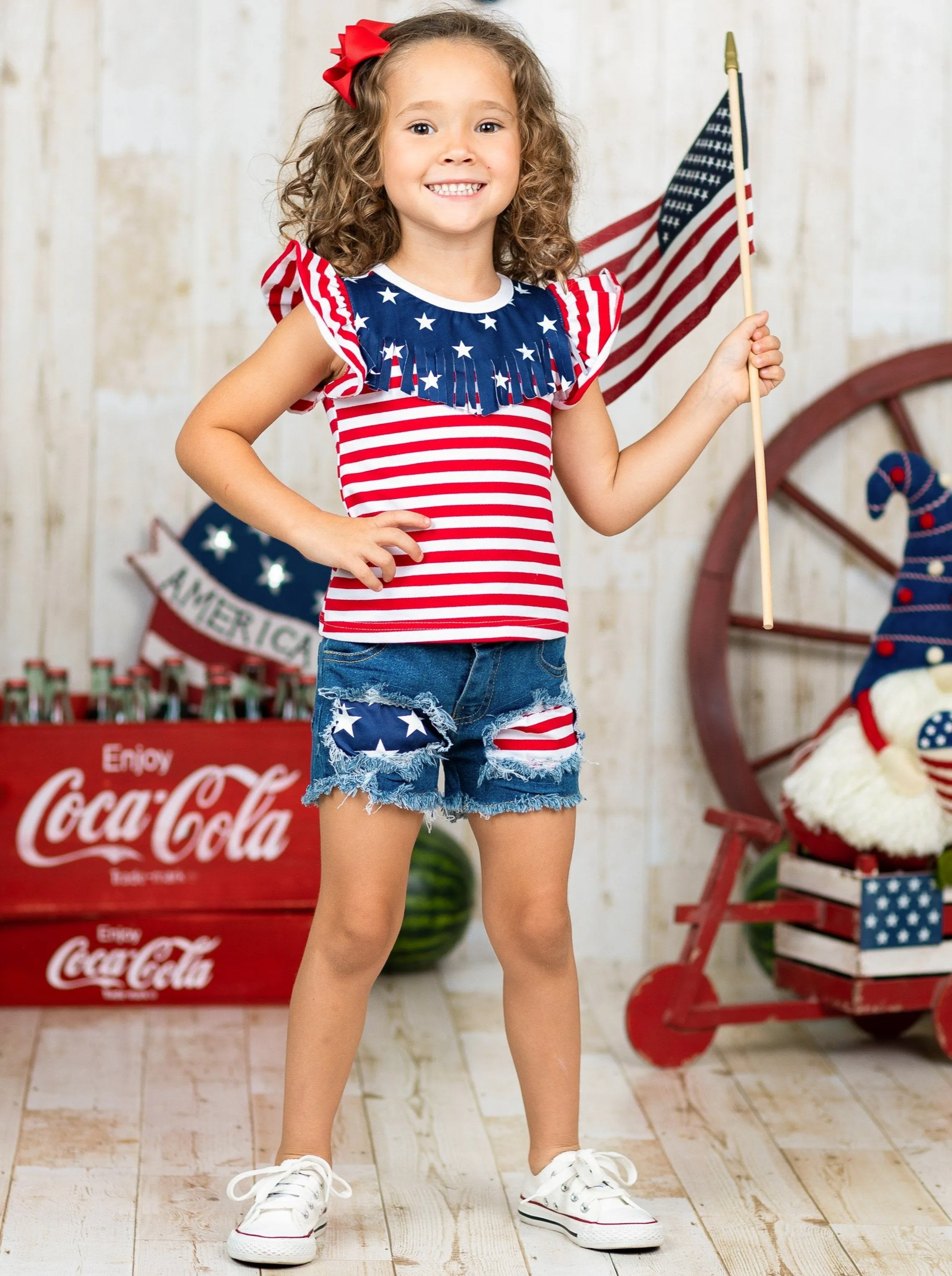 Girls Spangled Banner Top and Denim Shorts with Sash Set