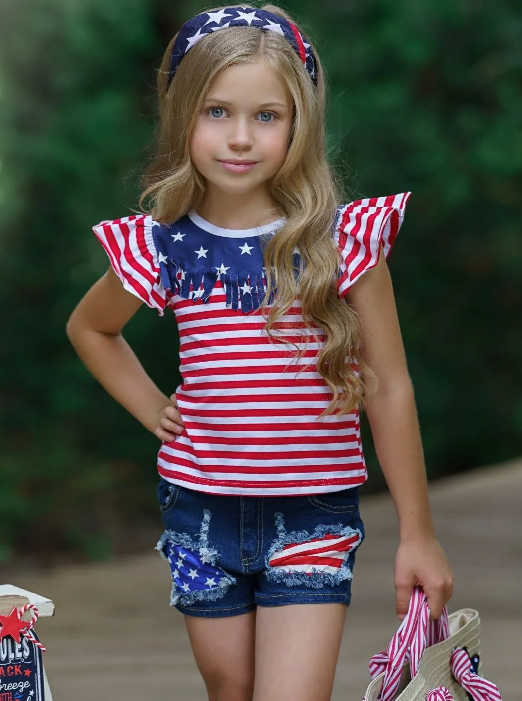 Girls Spangled Banner Top and Denim Shorts with Sash Set