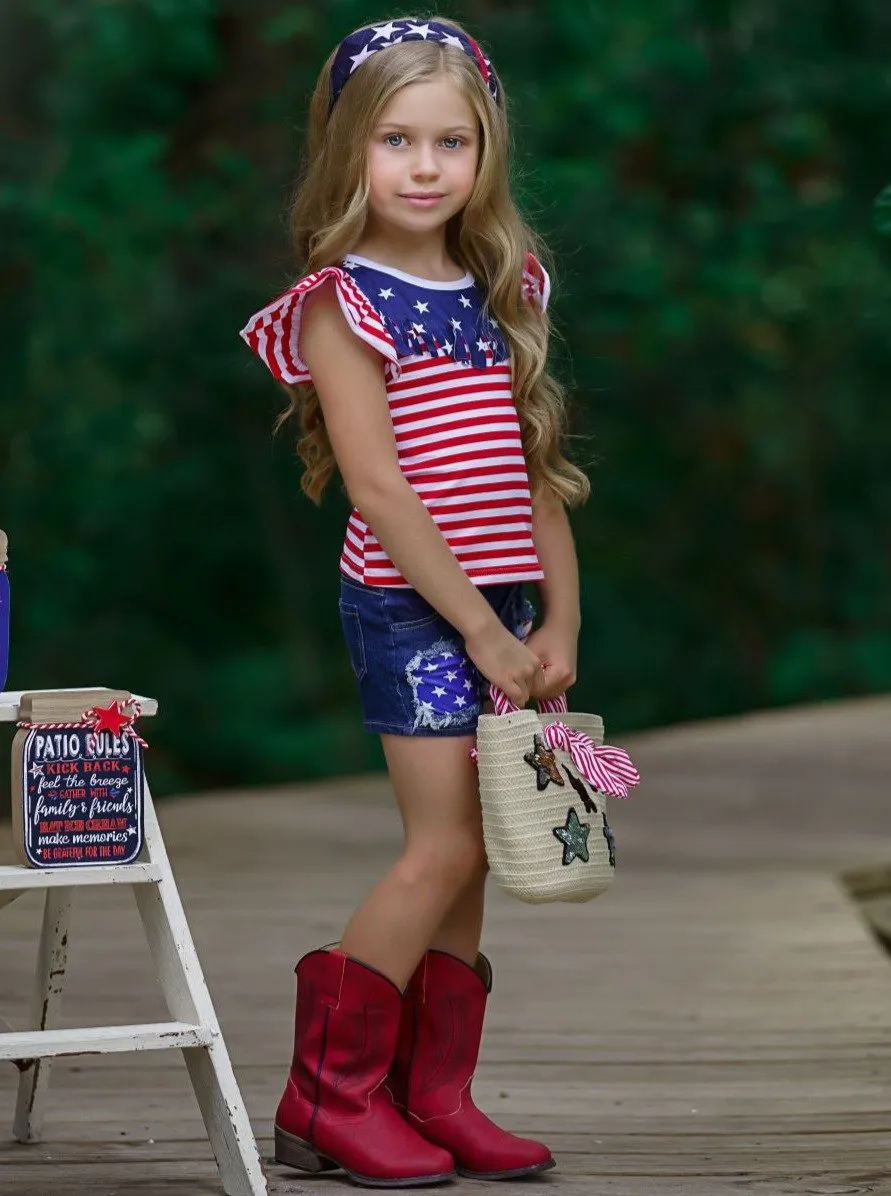 Girls Spangled Banner Top and Denim Shorts with Sash Set