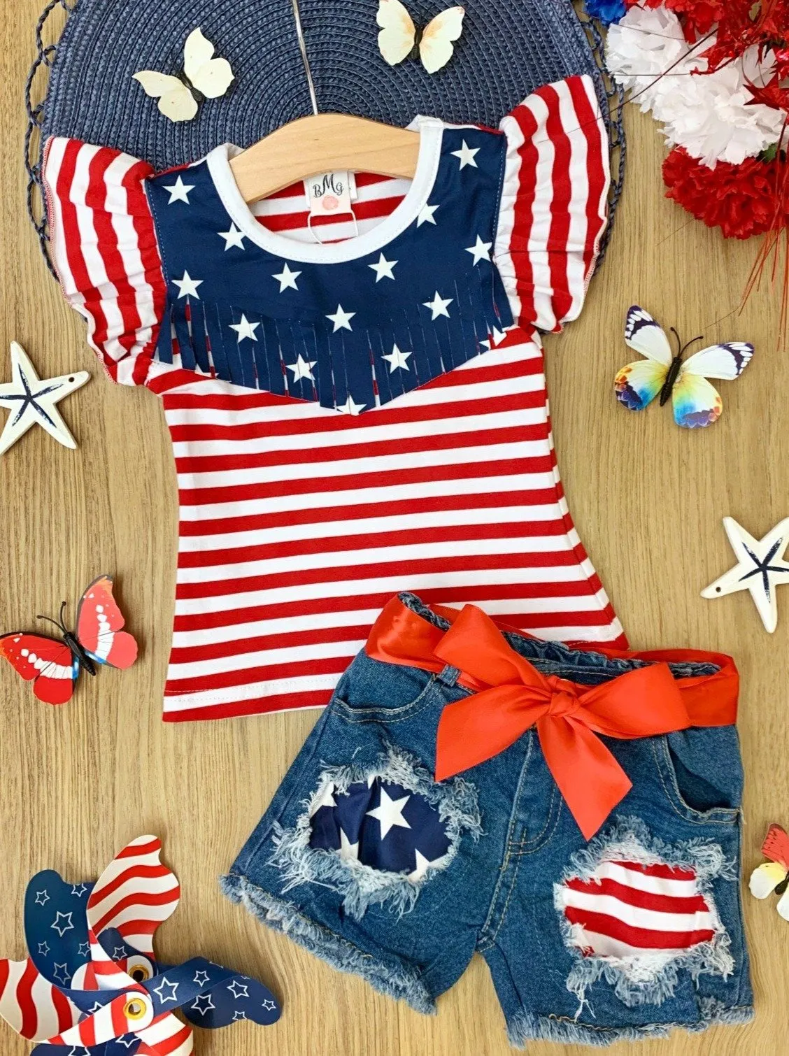Girls Spangled Banner Top and Denim Shorts with Sash Set