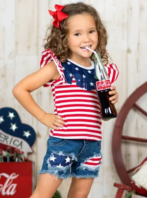 Girls Spangled Banner Top and Denim Shorts with Sash Set