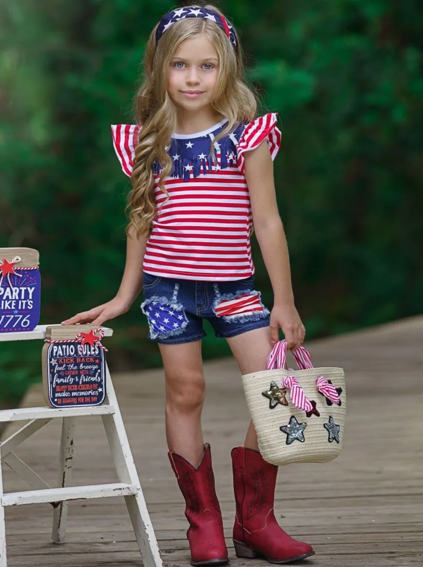 Girls Spangled Banner Top and Denim Shorts with Sash Set